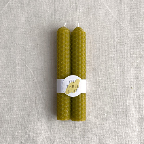 PAIR OF ROLLED BEESWAX CANDLES : OLIVE