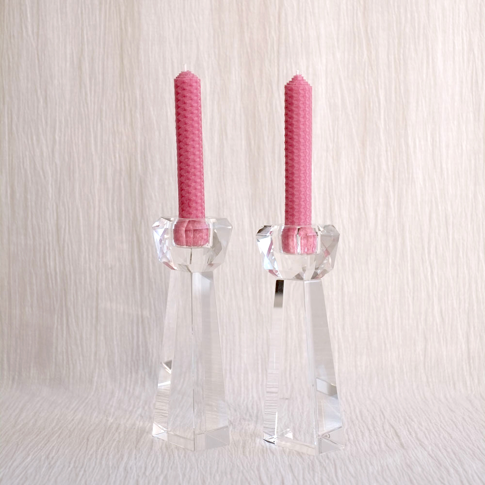 PAIR OF ROLLED BEESWAX CANDLES : ROSE
