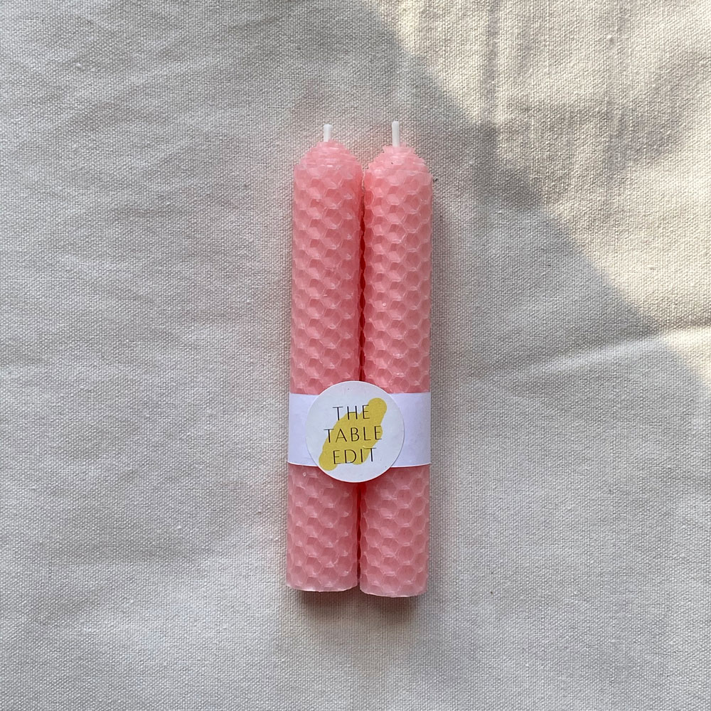 PAIR OF ROLLED BEESWAX CANDLES :  BUBBLEGUM
